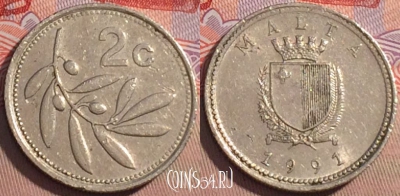 Мальта 2 цента 1991 года, KM# 94, 217a-122