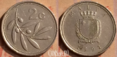 Мальта 2 цента 1991 года, KM# 94, 415-111
