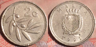 Мальта 2 цента 1991 года, KM# 94, a146-087