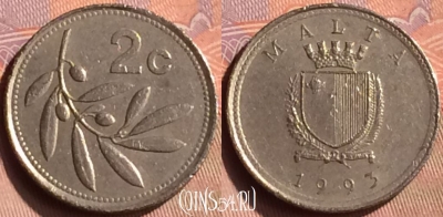 Мальта 2 цента 1993 года, KM# 94, 419-060
