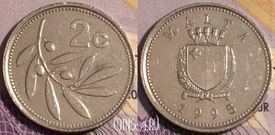 Мальта 2 цента 1995 года, KM# 94, 187a-089