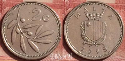Мальта 2 цента 1995 года, KM# 94, 332k-050