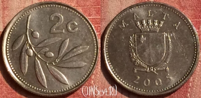 Мальта 2 цента 2005 года, KM# 94, 406-095