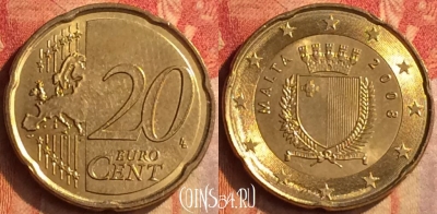 Мальта 20 евроцентов 2008 года, KM# 129, 199o-144