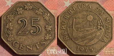 Мальта 25 центов 1975 года, KM# 29, 153i-016
