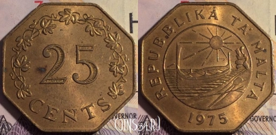 Мальта 25 центов 1975 года, KM# 29, 179a-052