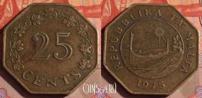 Мальта 25 центов 1975 года, KM# 29, 339-102