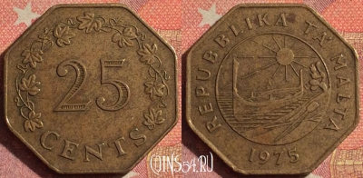 Мальта 25 центов 1975 года, KM# 29, 377-020