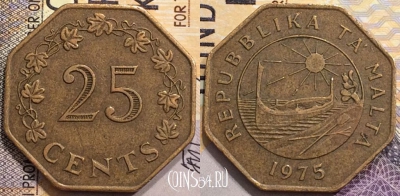 Мальта 25 центов 1975 года, KM# 29a, a079-140