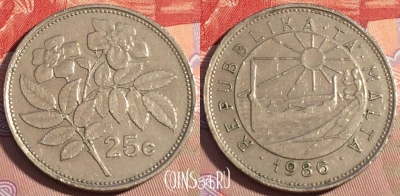 Мальта 25 центов 1986 года, KM# 80, 091c-122