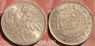 Мальта 25 центов 1986 года, KM# 80, 184l-045
