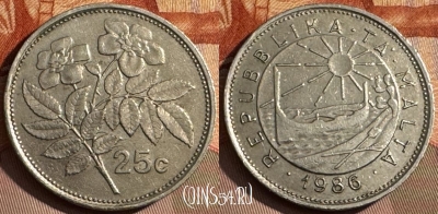 Мальта 25 центов 1986 года, KM# 80, 375s-109