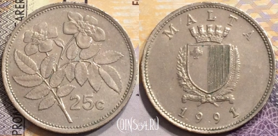 Мальта 25 центов 1991 года, KM# 97, 151-071