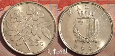 Мальта 25 центов 1991 года, KM# 97, 153a-106