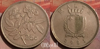 Мальта 25 центов 1991 года, KM# 97, 179b-121
