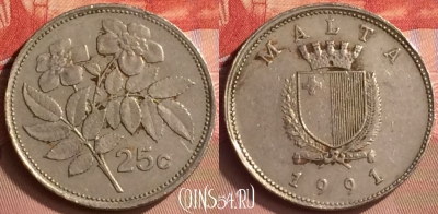 Мальта 25 центов 1991 года, KM# 97, 411-073