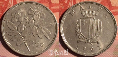 Мальта 25 центов 1993 года, KM# 97, 123b-035