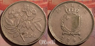 Мальта 25 центов 1993 года, KM# 97, 180b-020