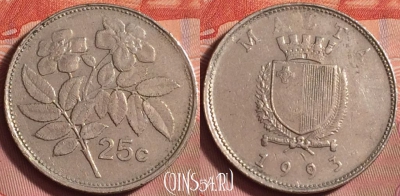 Мальта 25 центов 1993 года, KM# 97, 209k-103