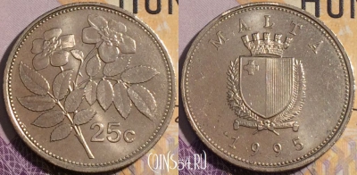 Мальта 25 центов 1995 года, KM# 97, 189a-105