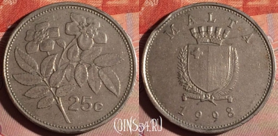Мальта 25 центов 1998 года, KM# 97, 178f-098