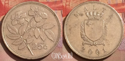 Мальта 25 центов 2001 года, KM# 97, 171a-131
