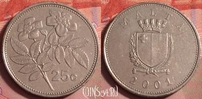 Мальта 25 центов 2001 года, KM# 97, 227k-012