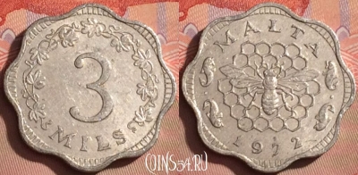 Мальта 3 милс 1972 года, KM# 6, 103l-068