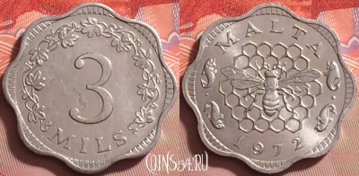 Мальта 3 милс 1972 года, KM# 6, UNC, 120j-108