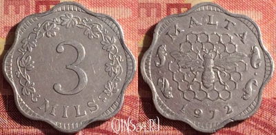 Мальта 3 милс 1972 года, Пчела, KM# 6, 331i-084