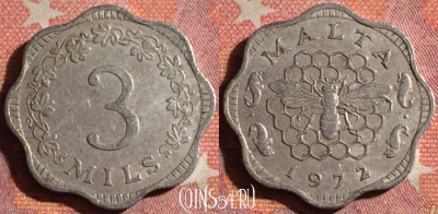 Мальта 3 милс 1972 года, Пчела, KM# 6, 368-065