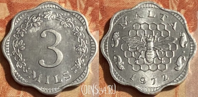 Мальта 3 милс 1972 года, KM# 6, 463q-647 ♛