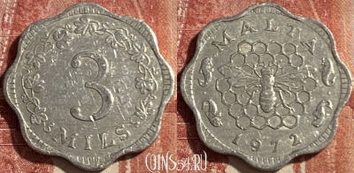 Мальта 3 милс 1972 года, KM# 6, 475r-085