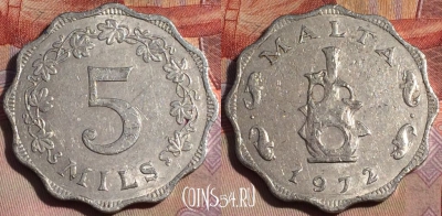 Мальта 5 милс 1972 года, KM# 7, 148b-081
