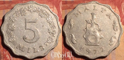 Мальта 5 милс 1972 года, KM# 7, 163a-051