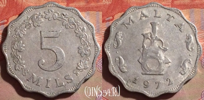 Мальта 5 милс 1972 года, KM# 7, 293f-137