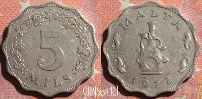Мальта 5 милс 1972 года, KM# 7, 362-022