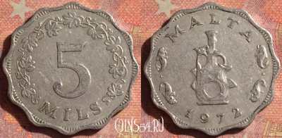 Мальта 5 милс 1972 года, KM# 7, 149i-067