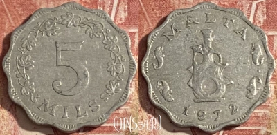 Мальта 5 милс 1972 года, KM# 7, 350r-043