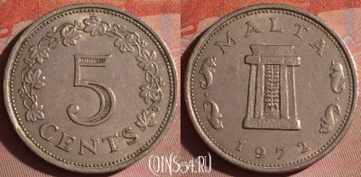 Мальта 5 центов 1972 года, KM# 10, 052i-163