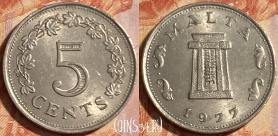 Мальта 5 центов 1977 года, KM# 10, 481р-029 ♛