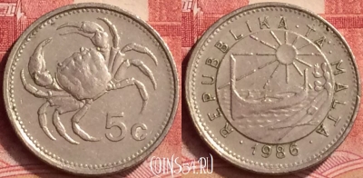 Мальта 5 центов 1986 года, KM# 77, 061m-106