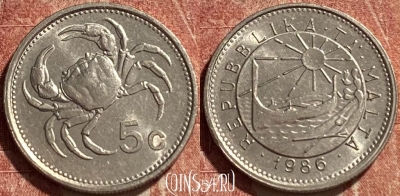 Мальта 5 центов 1986 года, KM# 77, 078r-009