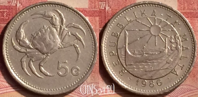 Мальта 5 центов 1986 года, KM# 77, 116m-023