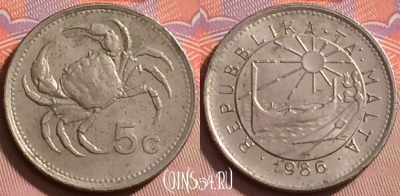 Мальта 5 центов 1986 года, KM# 77, 126j-012