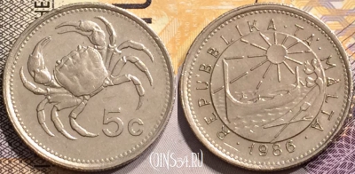 Мальта 5 центов 1986 года, KM# 77, b100-121