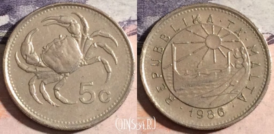 Мальта 5 центов 1986 года, KM# 77, 174-141