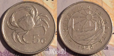 Мальта 5 центов 1986 года, KM# 77, 184a-070