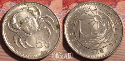 Мальта 5 центов 1986 года, KM# 77, 216a-010