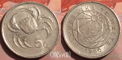Мальта 5 центов 1986 года, KM# 77, 256a-014